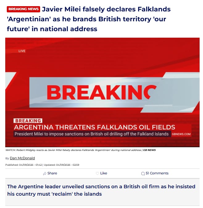 La nota publicada por GB News tras el discurso de Milei (Captura de pantalla)