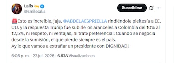 La congresista "Lalis" criticó al Gobierno entrante de De la Espriella tras endurecimiento de aranceles por parte de Estados Unidos - crédito @smilelalis/X