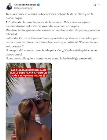 Alejandro Ocampo aseguró que había solicitado información sobre las donaciones y cuestionó la falta de respuesta a un derecho de petición - crédito @alejoocampog/X