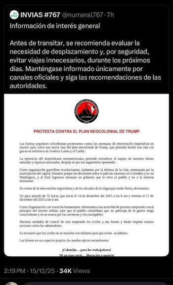 Publicación en X de la