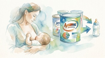Ilustración acuarela de una madre amamantando a un bebé. A la derecha, latas de fórmula y un biberón, con flechas que conectan la fórmula al biberón y al bebé.