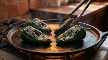 Cuatro chiles poblanos verdes sobre un comal negro de hierro fundido y una pinza metálica sosteniendo uno de ellos.