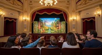 Adultos y niños sentados en butacas de teatro observan un escenario con títeres y escenografía colorida. El teatro tiene cortinas rojas y detalles dorados.