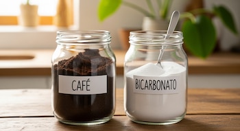 Dos frascos de vidrio etiquetados "CAFÉ" y "BICARBONATO" sobre una mesa de madera. El frasco de café contiene polvo oscuro, y el de bicarbonato, polvo blanco con una cuchara.