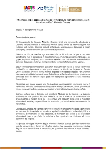 El senador del Pacto Histórico, Alejandro Ocampo publicó un comunicado en el que señaló que mientras el narcotráfico continúe siendo uno de los negocios ilegales más rentables del mundo, Colombia seguirá enfrentando organizaciones dispuestas a matar - crédito Alejandro Ocampo prensa