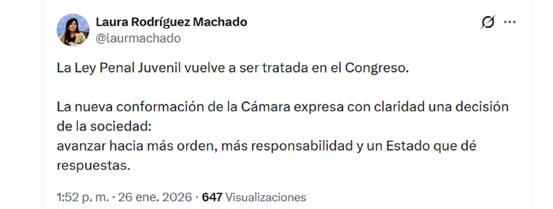 La bullrichista Laura Rodríguez Machado estará al frente de la comisión de Legislación Penal y será la encargada de liderar las negociaciones