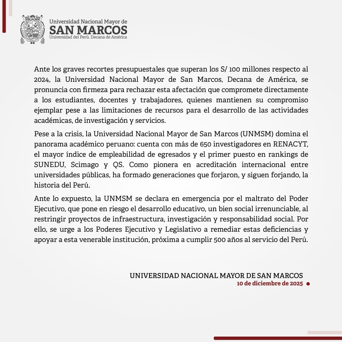 Comunicado de UNMSM