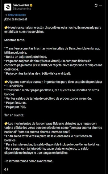 Bancolombia suspende varios servicios digitales
