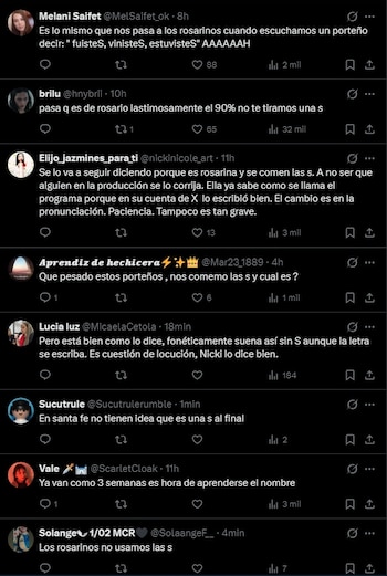 Captura de pantalla con ocho publicaciones en fondo oscuro de la red social X con mensajes de usuarios en español