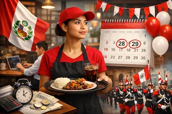 Camarera con bandeja de comida, bandera de Perú, calendario con 28 y 29 marcados, globos, reloj, billetes, monedas y calculadora. Al fondo, un café y soldados.