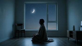 Una mujer con una manta se sienta en el suelo en posición de meditación frente a una ventana, con la luna creciente y estrellas visibles en el cielo nocturno.