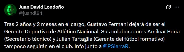 Todo parece indicar que Nacional no seguiría con su director deportivo Gustavo Fermani por el fracaso en la Liga BetPlay - crédito @juandl84/X