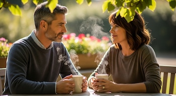 Hombre y mujer de mediana edad sentados en una mesa al aire libre, mirándose el uno al otro y sosteniendo tazas humeantes. Hojas verdes en primer plano.