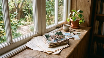 Fotos impresas atadas con cuerda sobre hojas de papel, una taza de café, un bolígrafo y una planta junto a una ventana de madera.