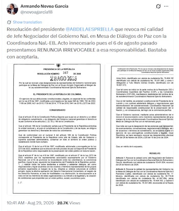 Armando Novoa cuestionó la decisión de revocar su designación como jefe negociador con la Cneb - crédito @novoagarcia18/X