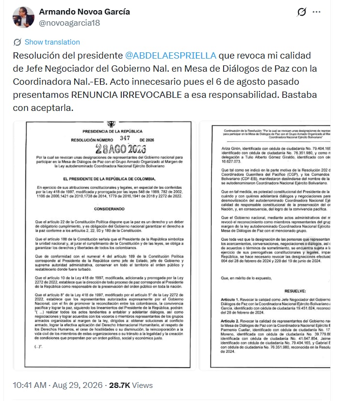 Armando Novoa cuestionó la decisión de revocar su designación como jefe negociador con la Cneb - crédito @novoagarcia18/X