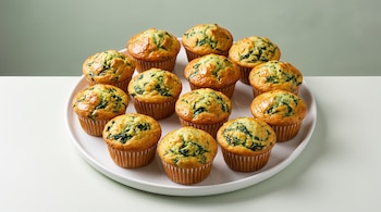 Doce muffins de espinaca en un plato redondo blanco sobre una mesa clara, con un fondo verde grisáceo. Los muffins tienen envoltorios de papel acanalado.