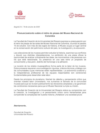 La Universidad del Rosario defendió el papel de los museos como espacios para estudiar la historia, examinar sus conflictos y debatir distintas interpretaciones del pasado - crédito Facultad de Creación/Facebook