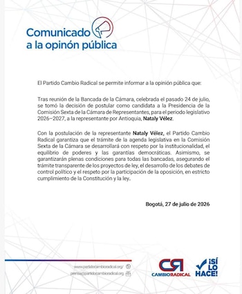 Cambio Radical se pronunció sobre la candidatura de Nataly Vélez en la Comisión Sexta de Cámara