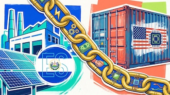 Ilustración de collage digital mostrando una fábrica y paneles solares con el logo de El Salvador, un contenedor y bandera de EE. UU. con un chip, unidos por una cadena de símbolos.