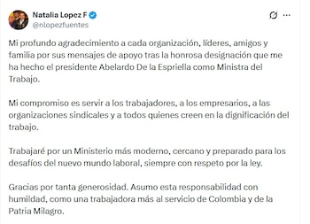 Natalia López, ministrsa del Trabajo designada, dijo que trabajará por un Minsiterio más moderno - crédito @nlopezfuentes/X