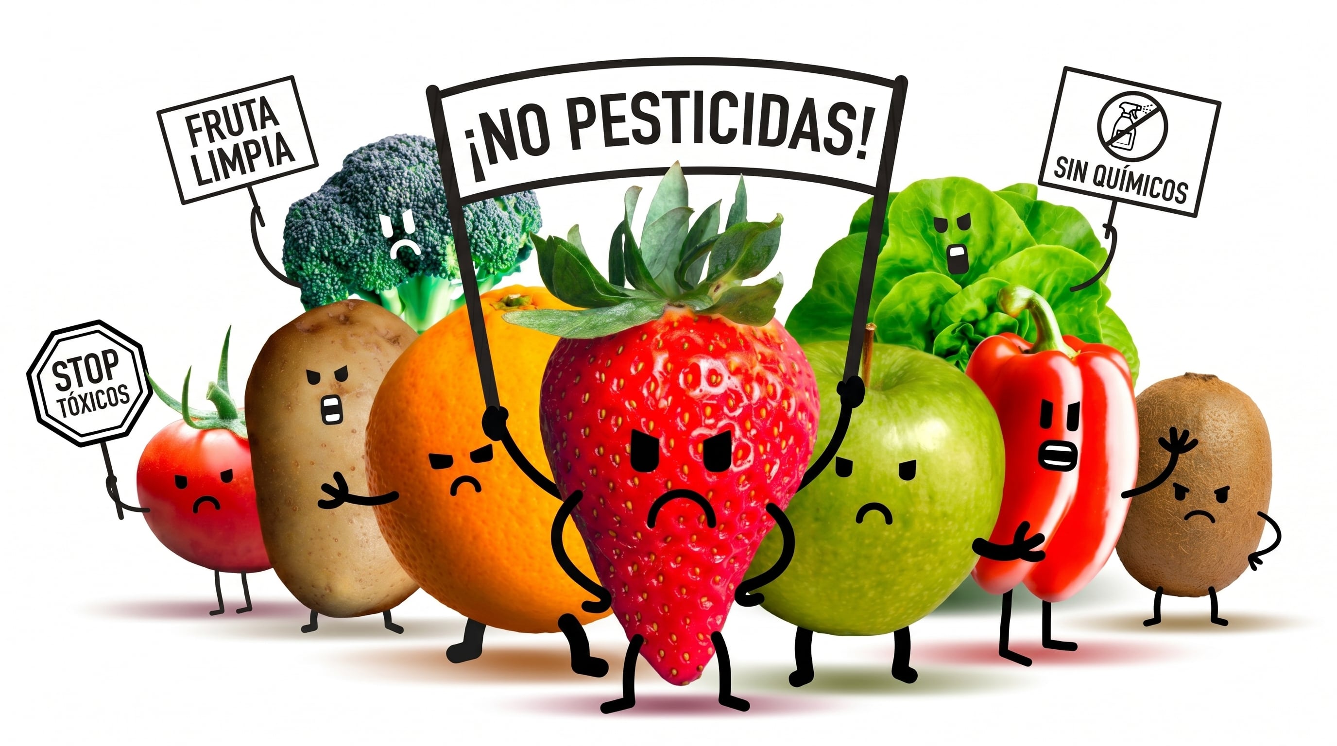Una variedad de frutas y verduras personificadas, con expresiones de enfado, protestan con carteles contra el uso de pesticidas y químicos en los alimentos. (Imagen Ilustrativa Infobae)