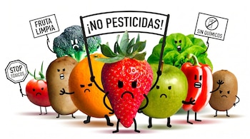 Grupo de frutas y verduras personificadas como fresa, brócoli, tomate y lechuga, con expresiones enfadadas, sosteniendo carteles que piden '¡No Pesticidas!' y 'Fruta Limpia'.