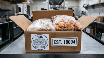 Caja de cartón abierta con bolsas de pollo empanado congelado sobre una mesa de acero inoxidable en una cocina industrial.