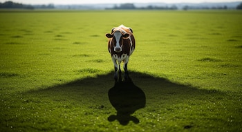Una vaca parda y blanca vista de frente, en el centro de un vasto campo de hierba verde bajo el sol, proyecta una larga sombra oscura.