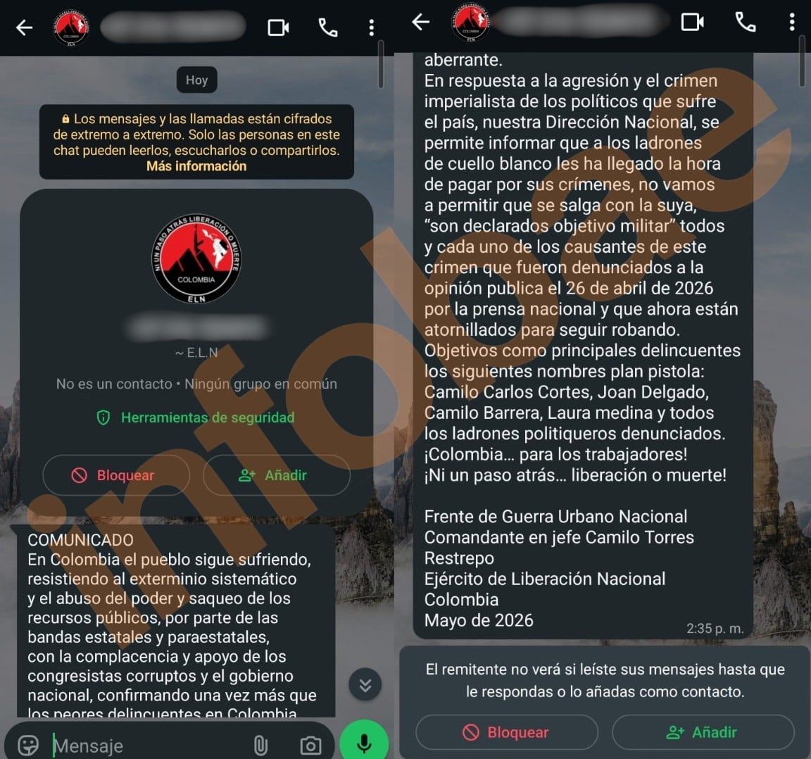 Mensajes intimidatorios, al parecer, del ELN tras denuncia de la organización sindical ante autoridades - crédito Suministrada a Infobae Colombia