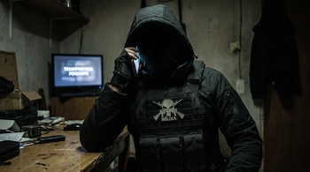 Persona encapuchada con chaleco táctico y guantes habla por teléfono celular frente a un monitor con el texto transferencia pendiente.