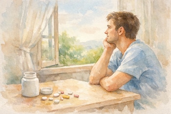 Hombre joven sentado junto a una mesa, un frasco abierto con su tapa y varias pastillas de colores sobre la superficie. Mira por una ventana con cortinas.