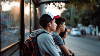 Adolescentes con mochilas esperando el transporte público en una parada. — (Imagen Ilustrativa Infobae)