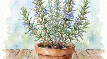 Ilustración en acuarela de una planta de romero con flores azules en una maceta de terracota, colocada sobre una superficie de madera.