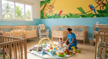 Cuidadora y dos bebés sentados en un tapete de juegos. La sala tiene cunas de madera, una mecedora y murales de monos, loros y un lagarto.