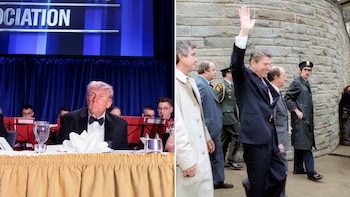 Split: izquierda, Donald Trump en esmoquin sentado en una mesa; derecha, Ronald Reagan saludando con seguridad en una pared de piedra