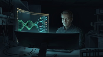 Un hombre sentado frente a un monitor iluminado con una doble hélice de ADN y diagramas en una sala oscura con instrumental de laboratorio.
