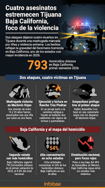 Infografía con titular sobre homicidios, ilustración policial, datos de muertes, mapa de México, íconos de ataques violentos y estadísticas nacionales.