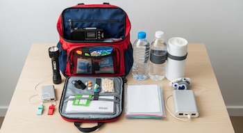 Mochila de emergencia abierta sobre mesa de madera con linterna, radio, botellas de agua, alimentos, medicamentos, powerbank, silbato, documentos y peluche.