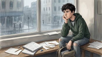 Ilustración de un joven sentado en una repisa de madera junto a una ventana con lluvia, con cuadernos, papeles y lápices alrededor.