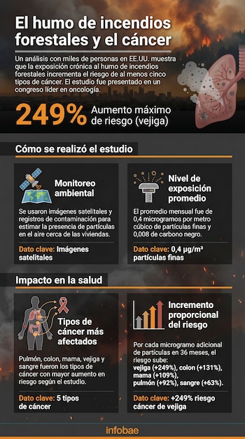 Infografía con título "Humo de incendios forestales y cáncer", mostrando pulmones afectados, un paisaje en llamas y estadísticas del estudio.