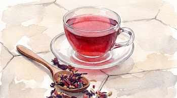 Una taza de vidrio transparente con un líquido rojo y un platillo. Una cuchara de madera contiene flores de hibisco secas. Fondo con textura de acuarela.
