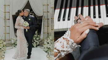 Una pareja vestida de boda se besa junto a un primer plano de sus manos con anillos sobre las teclas de un piano