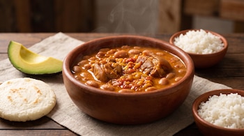 Cazuela de barro con guiso de fríjoles junto a una arepa blanca, un trozo de aguacate y recipientes con arroz blanco sobre una mesa.