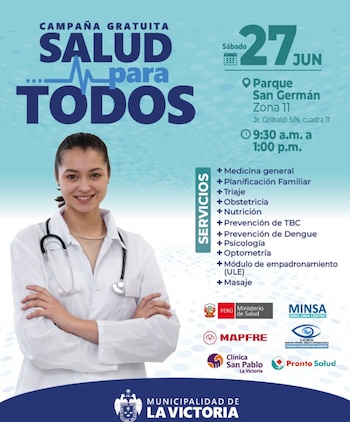 Se ofrecerán servicios como medicina general, salud sexual y reproductiva, obstetricia, nutrición, psicología y optometría, además de triaje - Créditos: Municipalidad de La Victoria.