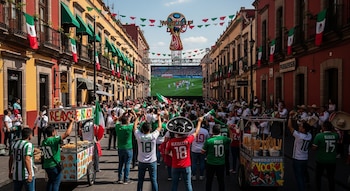 Multitud en una calle mexicana con banderas y decoraciones del Mundial. Se ve una pantalla gigante con un partido de fútbol y una réplica del trofeo, con vendedores ambulantes.