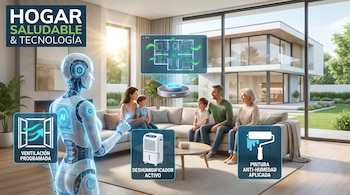 Imagen digital de un asistente de IA holográfico frente a una familia en un salón moderno, mostrando opciones de ventilación, deshumidificación y pintura antihumedad.