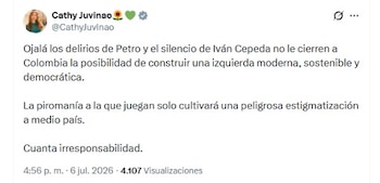 Cathy Juvinao advirtió de las consecuencias de los "delirios" del presidente Gustavo Petro - crédito @CathyJuvinao/X
