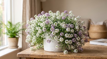 Una maceta de cerámica blanca con una planta de flores pequeñas blancas y moradas se encuentra sobre una mesa de madera cerca de una ventana.