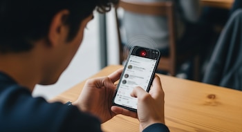 Un hombre sostiene un smartphone con ambas manos, usando la pantalla táctil. La cámara frontal del teléfono muestra un icono de grabación rojo y ondas.